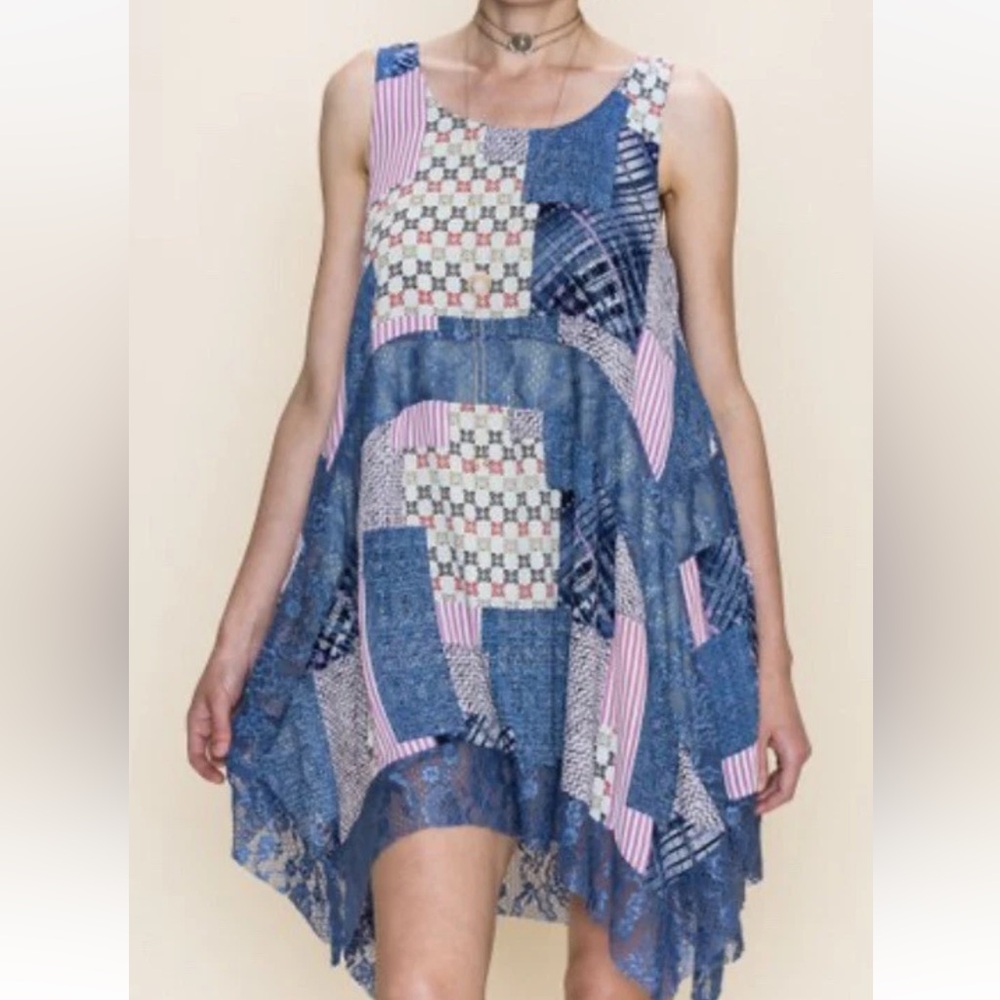 b-SHARP I Pink Patchwork Lace-Trim Handkerchief Dress Size Medium